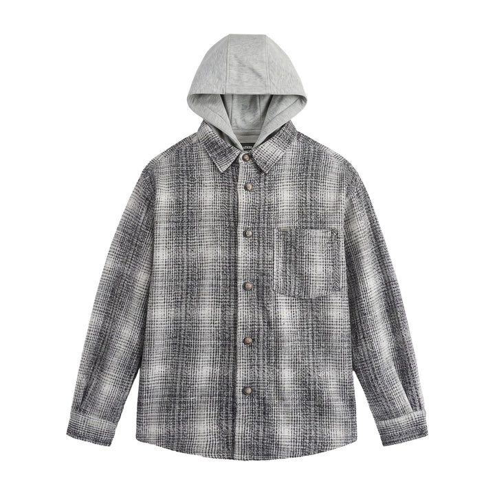 Men's Hooded Overshirt in Wool Blend with Check Pattern and Inserted Chest Pocket Mune Fashion