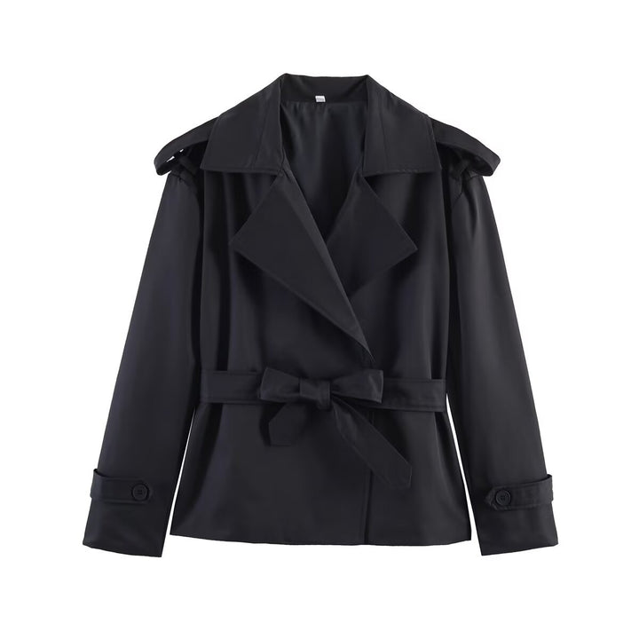 Women's Tailored Cropped Trench Coat with Wide Lapels, Belt and Epaulettes Mune Fashion