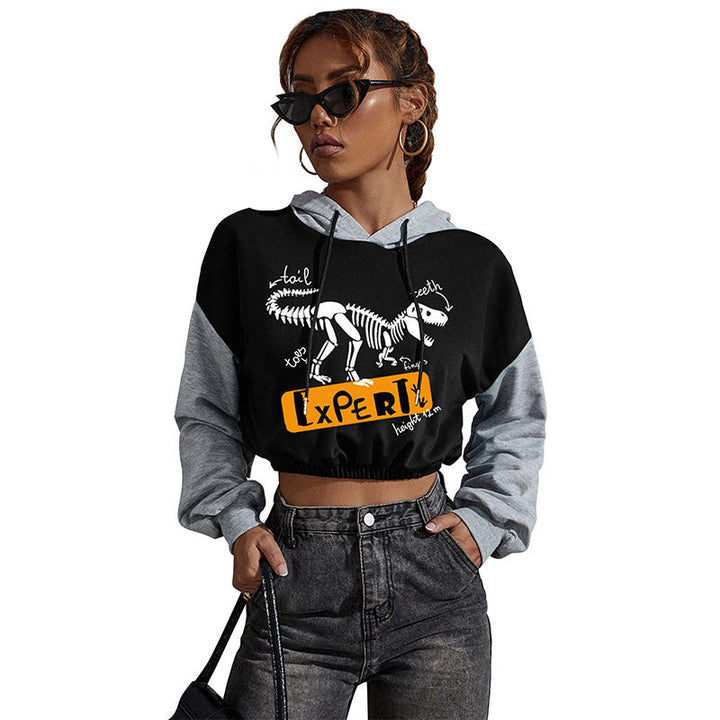 Women's short-cut color block hoodie with drawstring, elastic hem and print Mune Fashion