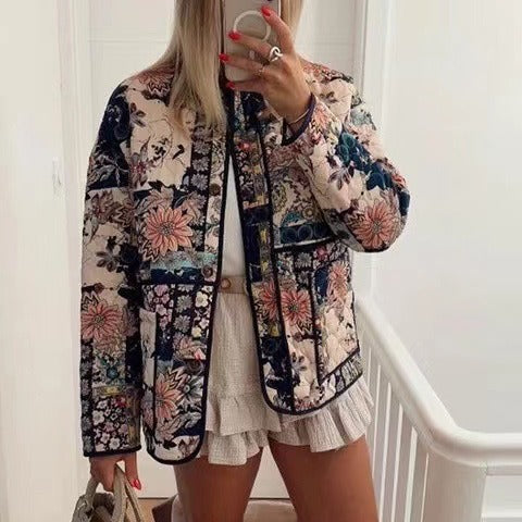 Women's Padded Quilted Jacket in Floral Patchwork Look Mune Fashion