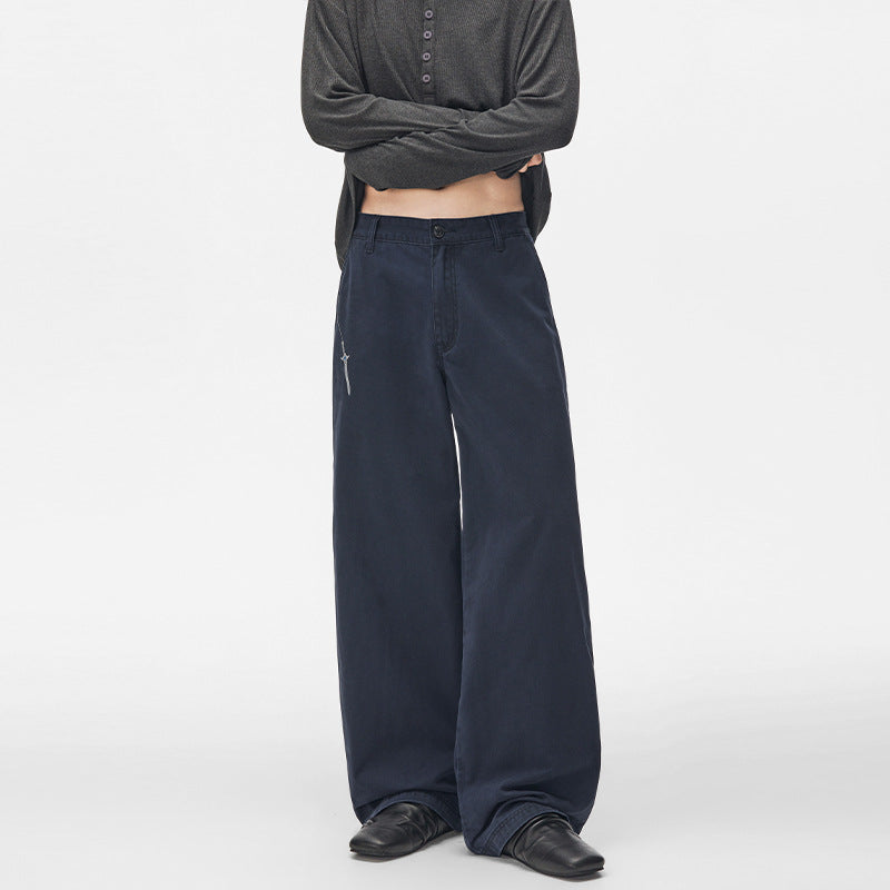 Men's Extra Wide Cotton Twill Baggy Pants with Low Crotch and Carabiner Pendant Mune Fashion