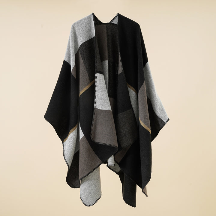Women's Soft Wool Blend Poncho with Geometric Jacquard and Open Waterfall Cut Mune Fashion