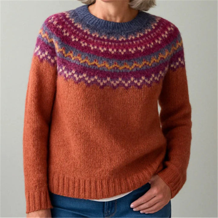 Women's Norwegian sweater made of wool blend with round neck and traditional Fair Isle yoke Mune Fashion