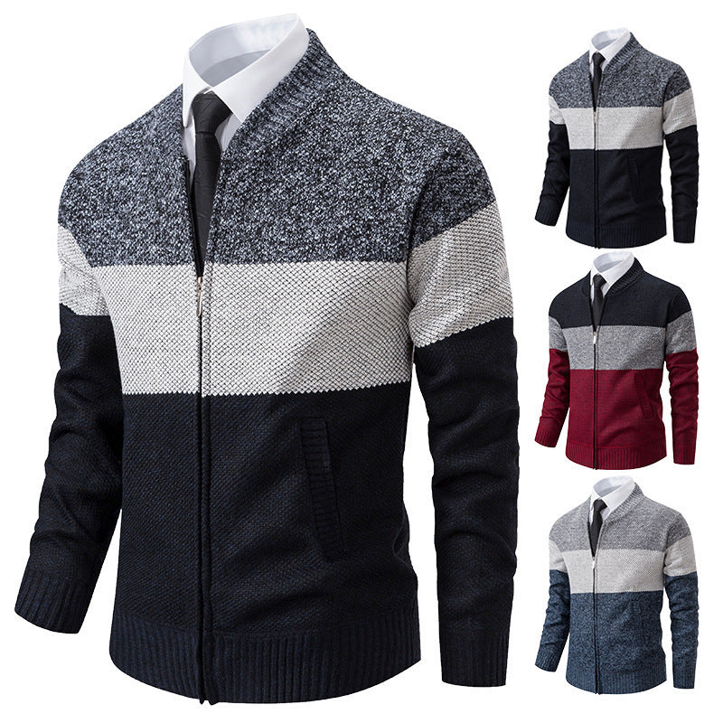 Men's Structured Block Stripe Cardigan with Front Zip, Stand Collar and Patch Pockets Mune Fashion