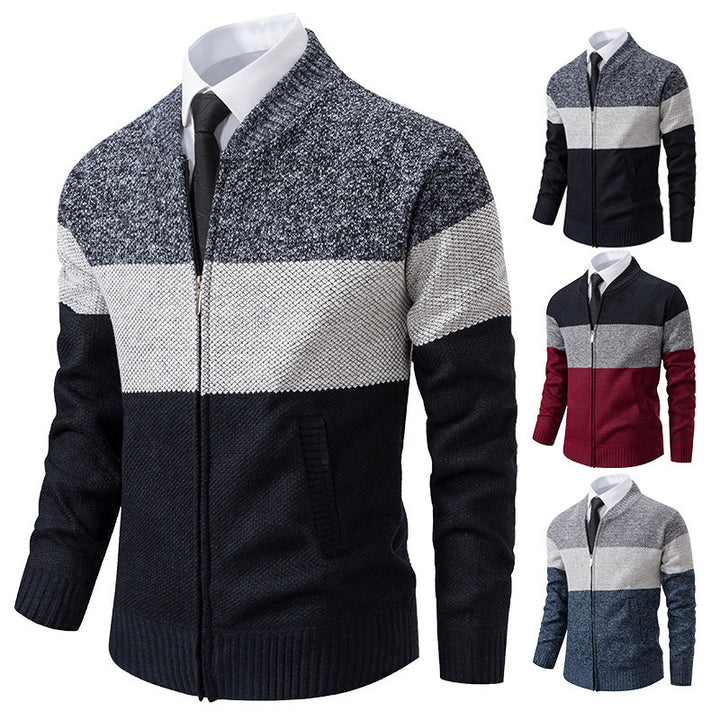 Men's Structured Block Stripe Cardigan with Front Zip, Stand Collar and Patch Pockets Mune Fashion