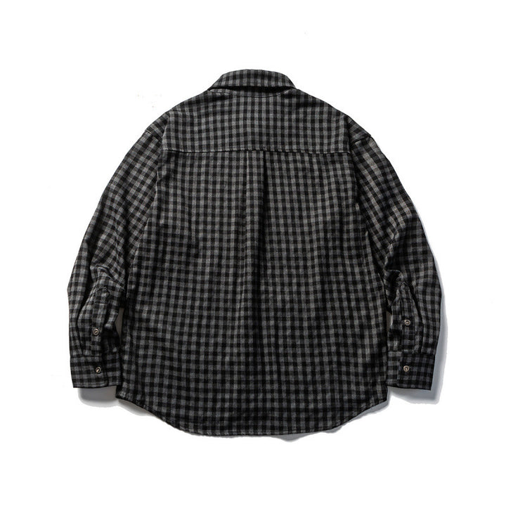 Unisex Oversize Check Flannel Shirt with Shirt Collar, Button Front and Rounded Hem Mune Fashion