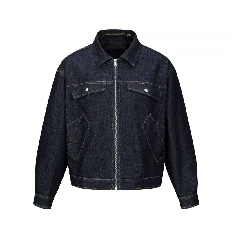Unisex Short-cut boxy denim zip jacket in worker look with diagonal pockets Mune Fashion
