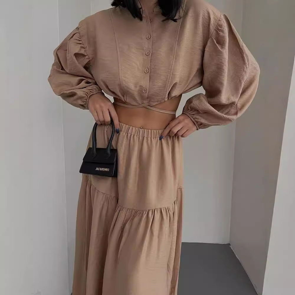 Women's two-piece boho set with cropped blouse and maxi skirt with slit Mune Fashion