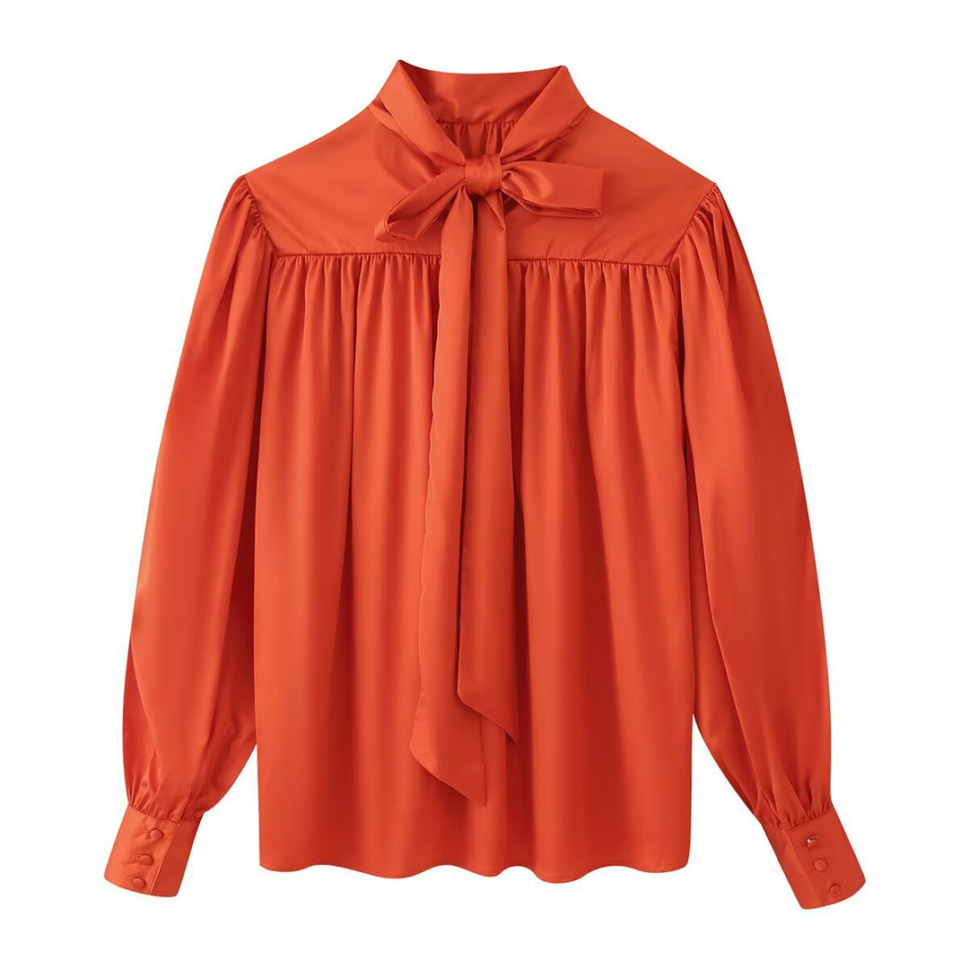 Women's Flowing Satin Blouse with Gathered Back and Balloon Sleeves Mune Fashion