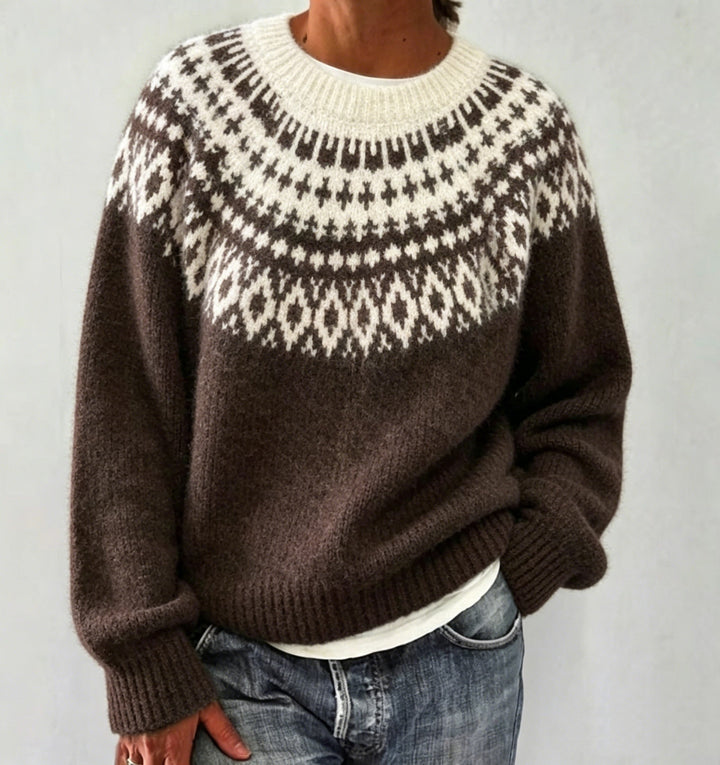 Women Round Neck Norwegian Sweater with Fair Isle Jacquard Mune Fashion