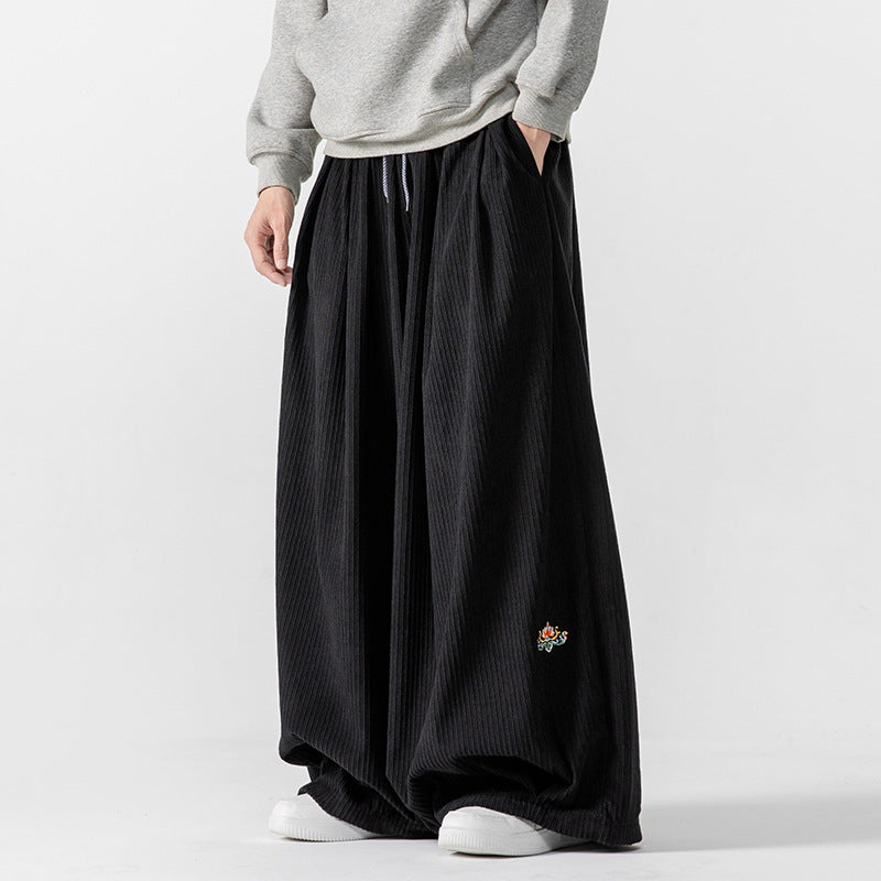 Men's Extra Wide Pleated Pants with Ribbed Texture and Drawstring Mune Fashion