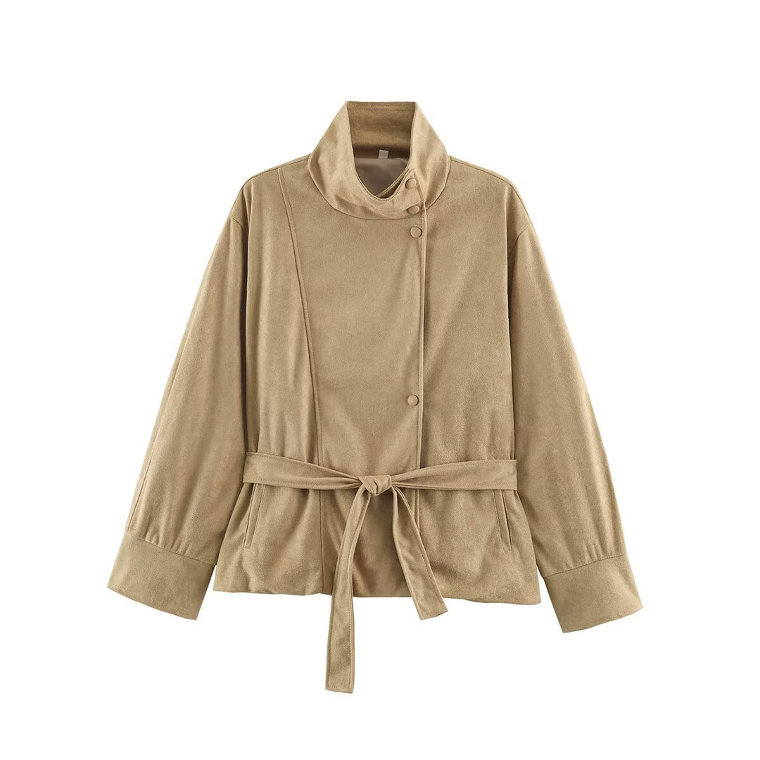 Women's Boxy Wrap Jacket in Velour Look with High Stand-Up Collar and Tie Belt Mune Fashion