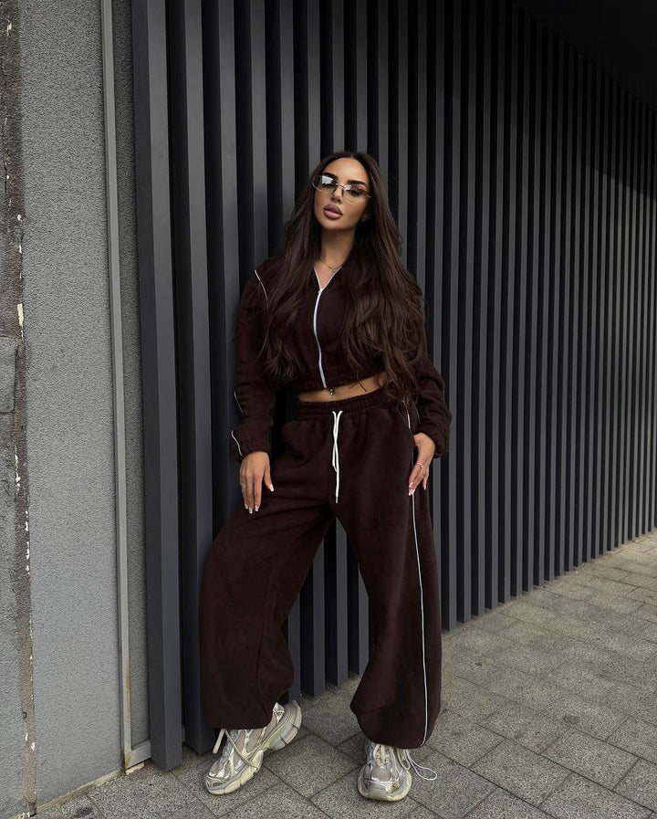 Women's Cropped Zip Fleece Set with Tailored Drawstring and Wide Pant Leg Mune Fashion