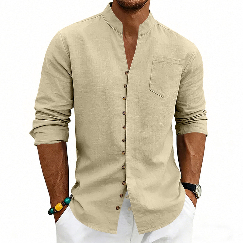 Men's lightweight linen shirt with stand-up collar, full button placket, and patch chest pocket Mune Fashion