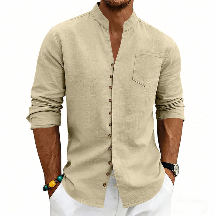 Men's lightweight linen shirt with stand-up collar, full button placket, and patch chest pocket Mune Fashion