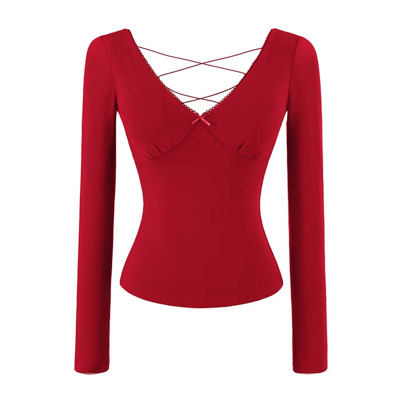 Women's Figure-Hugging Long Sleeve Top with Deep V-Neck, Crossed Spaghetti Straps and Lace Edge