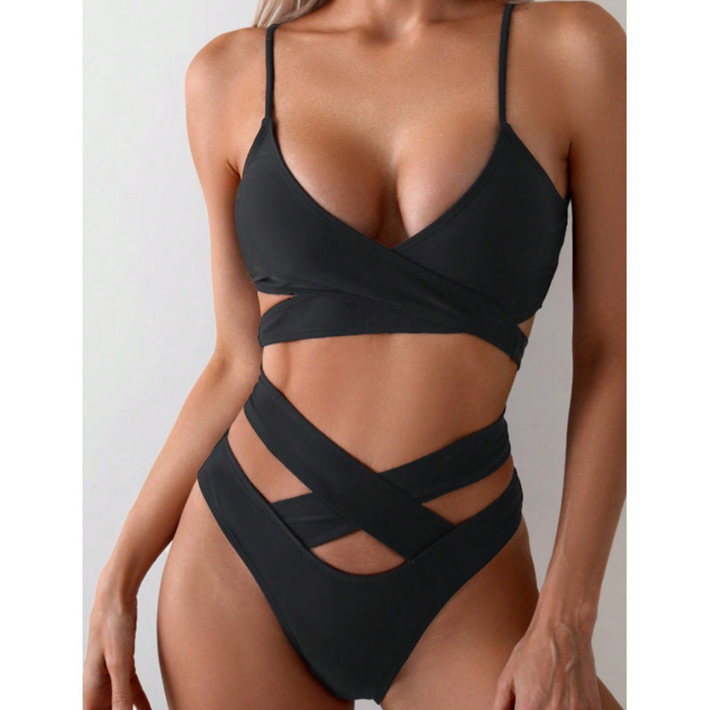 Women's Triangle Bikini with Asymmetric Wrap Design and Stylish Cut-Out Mune Fashion