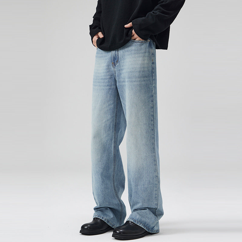 Men's Lightly Washed Ultra Wide Denim Marlene Trousers with Floor-Length Hem Mune Fashion
