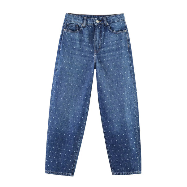 Women High-Waist Mom Jeans with tapered leg and subtle polka dot print Mune Fashion