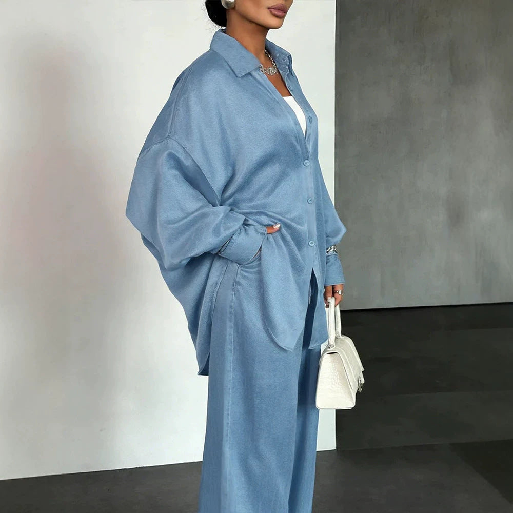 Women's Two-Piece Oversized Shirt and Palazzo Set in Flowing Denim Look Drune