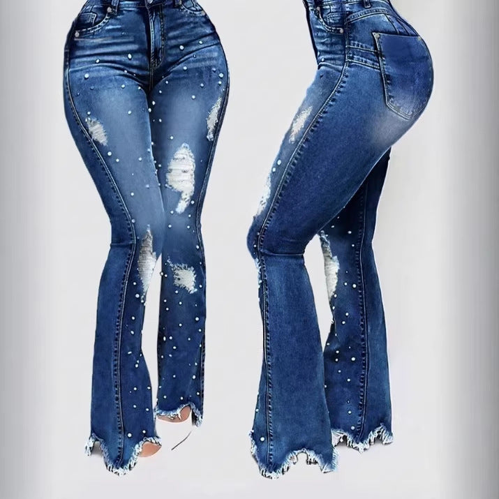 Ladies high-waisted flared jeans with bead appliqué, destroyed effects and frayed hem Mune Fashion