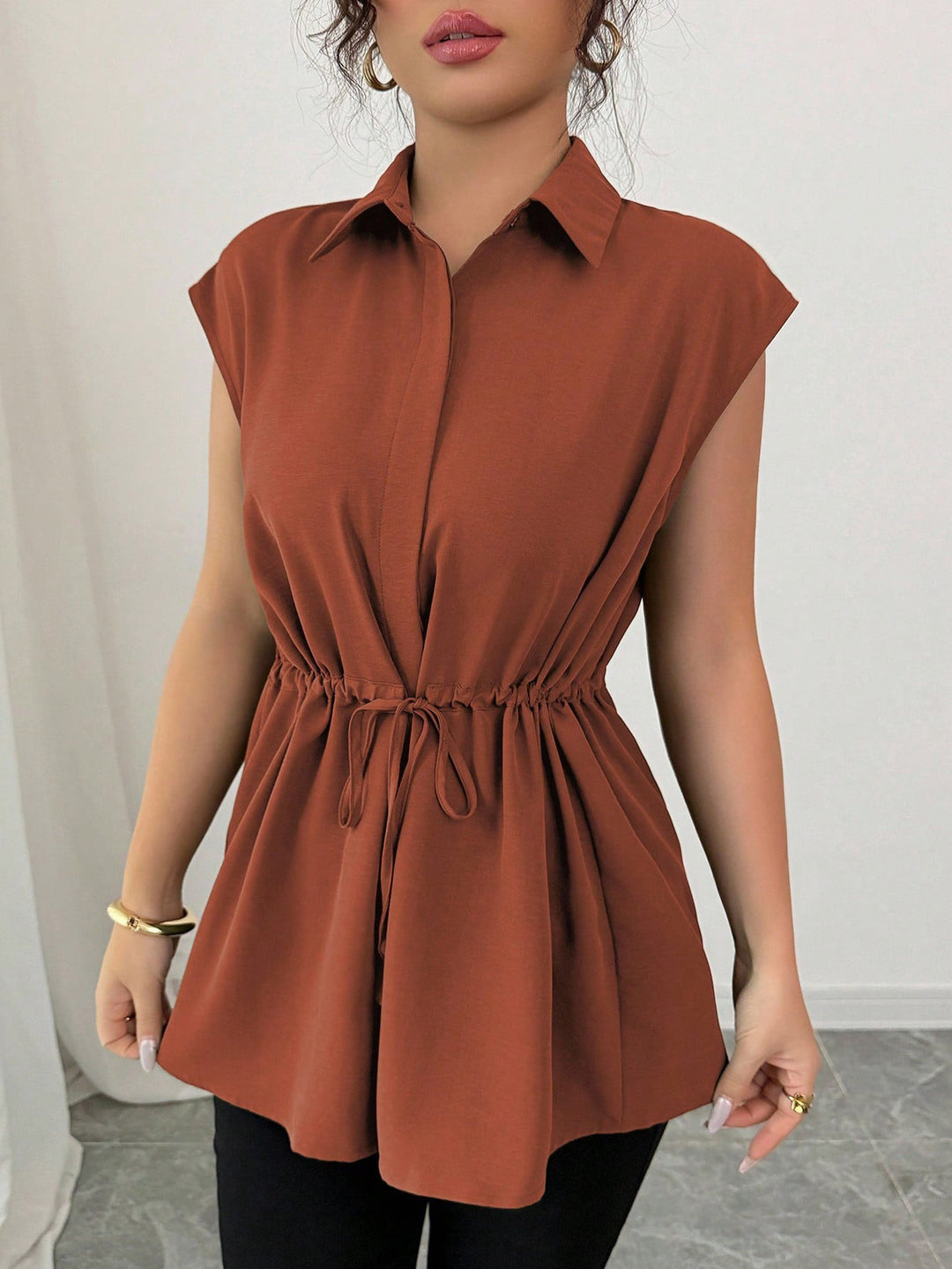 Women's Sleeveless Shirt Blouse Tunic with Drawstring Waistband Mune Fashion