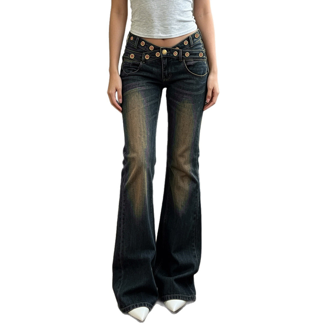 Women High-Waist Flared Jeans with Double Studded Waistband and Used Effect Mune Fashion