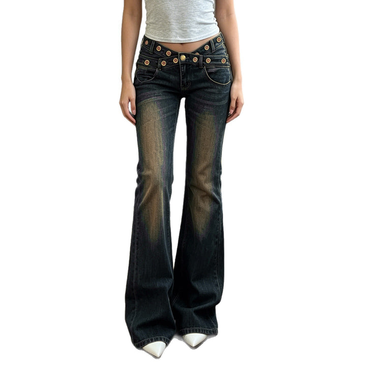 Women High-Waist Flared Jeans with Double Studded Waistband and Used Effect Mune Fashion