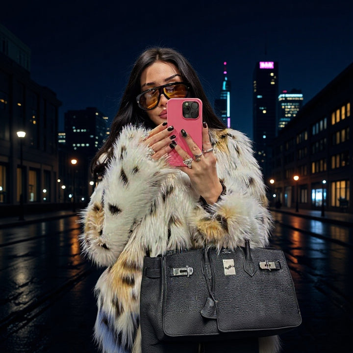 Women's Short Quilted Faux Fur Jacket with Leopard Spot Pattern and Stand-Up Collar Mune Fashion