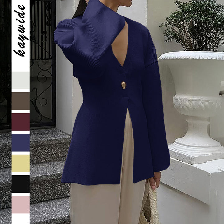 Women's fitted fine knit cardigan with V-neck, decorative button, and front slit Mune Fashion