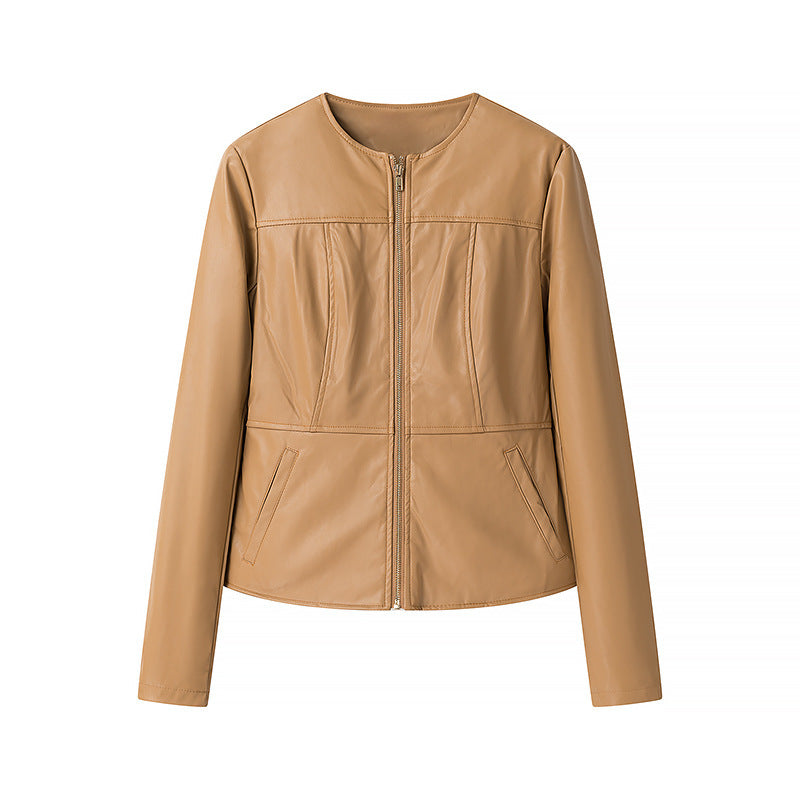 Women's leather jacket without collar with tailored fit and full zip Mune Fashion