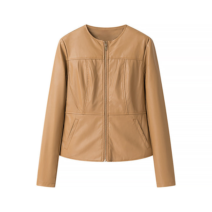 Women's leather jacket without collar with tailored fit and full zip Mune Fashion
