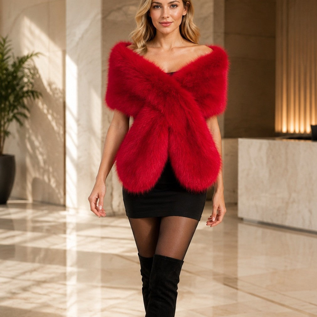 Women's Luxurious Reversible Faux Fur Shoulder Stole with V-Shape Mune Fashion
