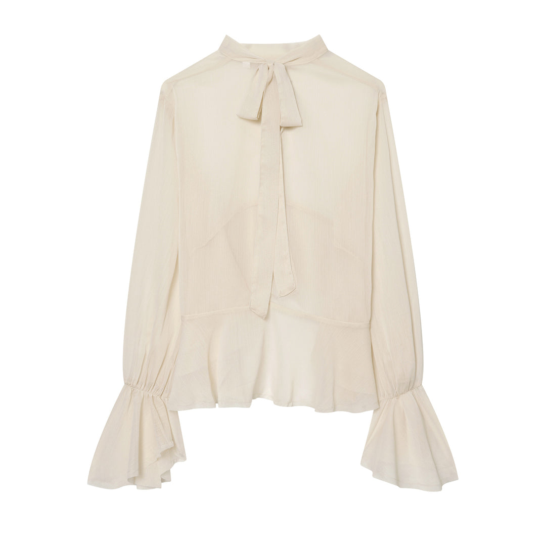 Ladies transparent chiffon blouse with bow collar, ruffle sleeves and peplum Mune Fashion