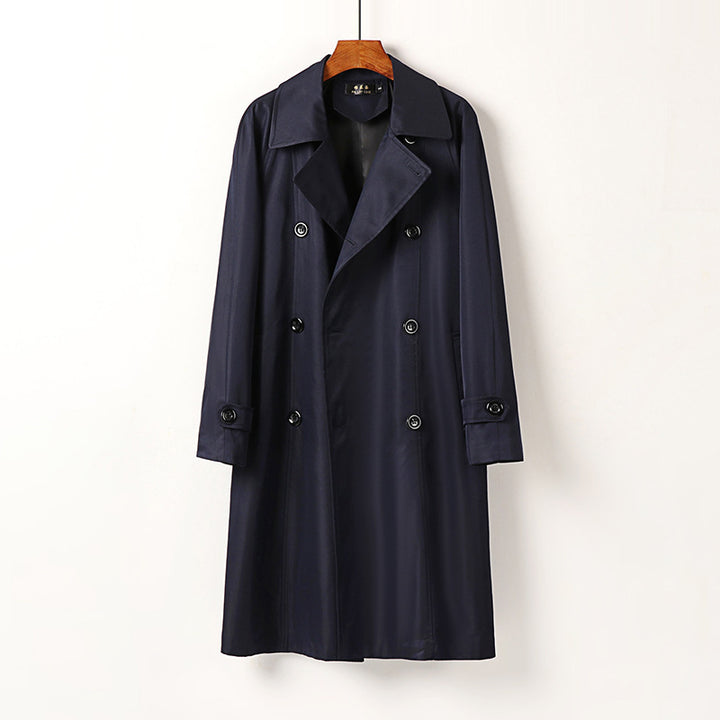 Men Water-Repellent Double-Breasted Trench Coat with Wide Lapels and Knee-Length Mune Fashion