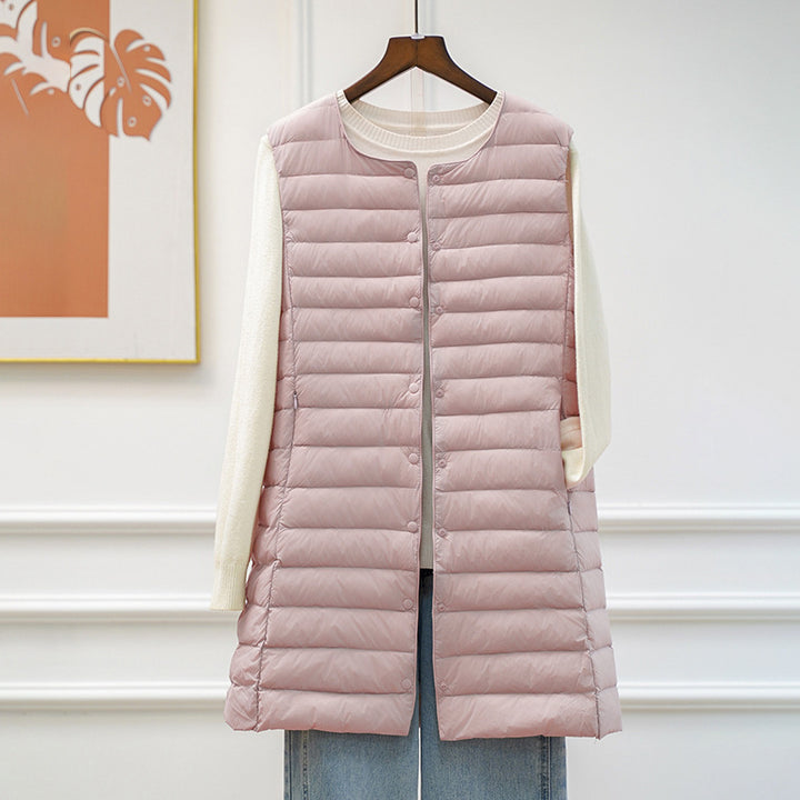 Women's long ultra-lightweight quilted vest with round neckline and snap button closure Mune Fashion