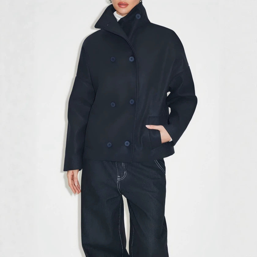 Women Double-breasted Short Coat with Stand-up Collar, Dropped Shoulder and Clear Boxy Silhouette Drune