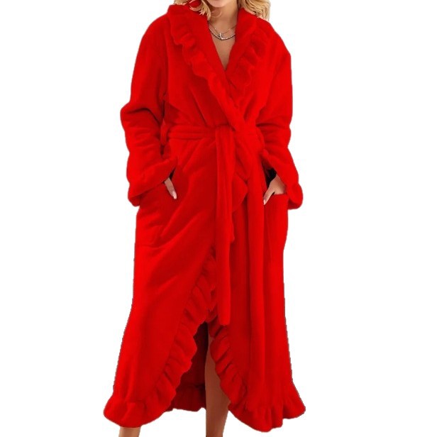 Women's luxurious dressing gown with ruffled collar, extra-long cut and tie belt Mune Fashion