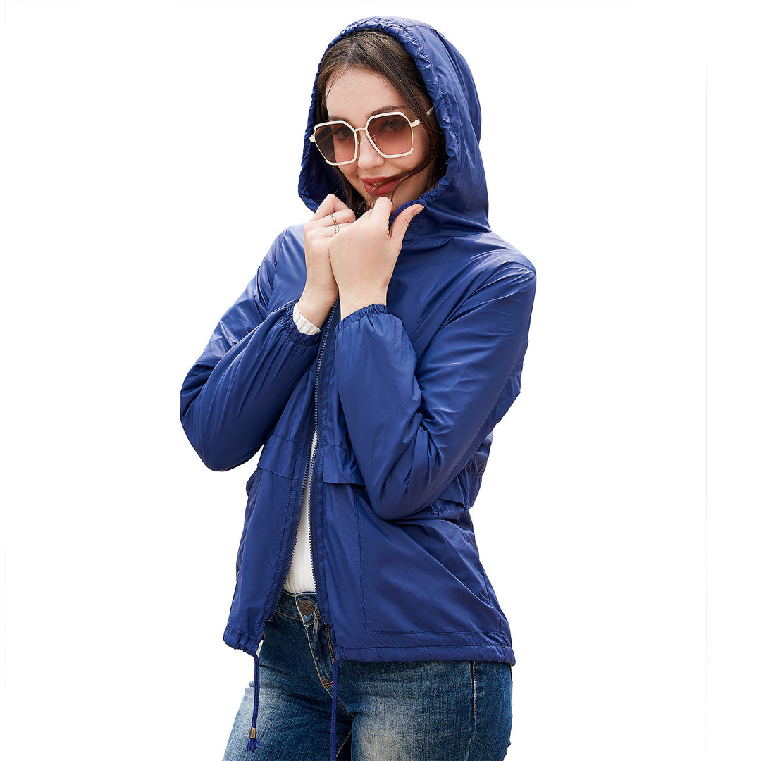 Women's lightweight wind jacket with hood mesh lining drawstring and zipper Mune Fashion