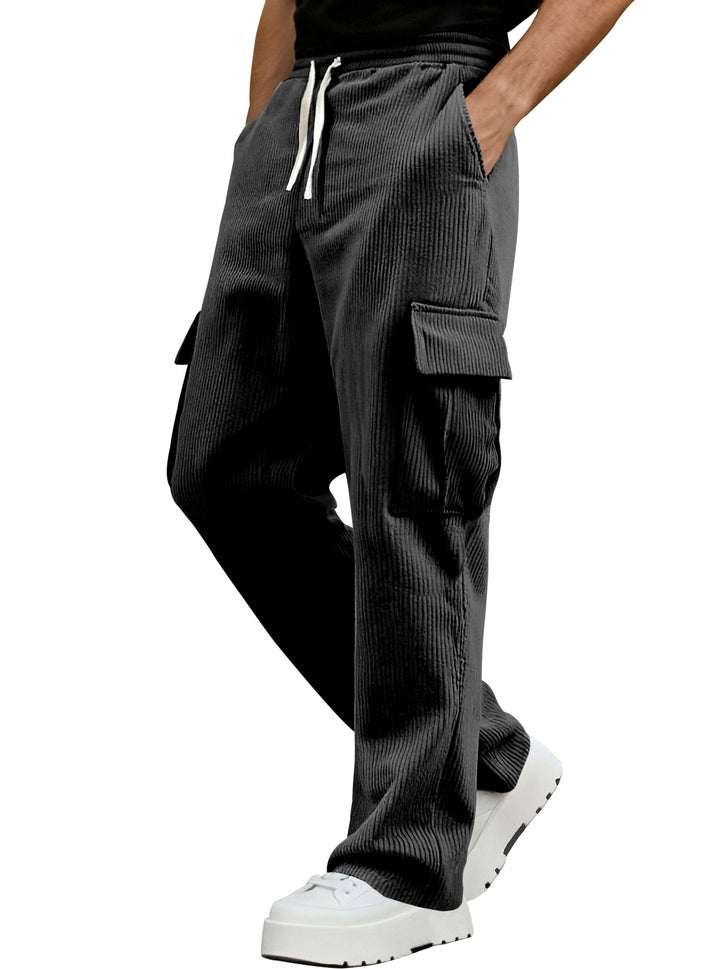 Men's casual corduroy cargo pants with elastic drawstring waist, straight leg, and flap pockets Mune Fashion