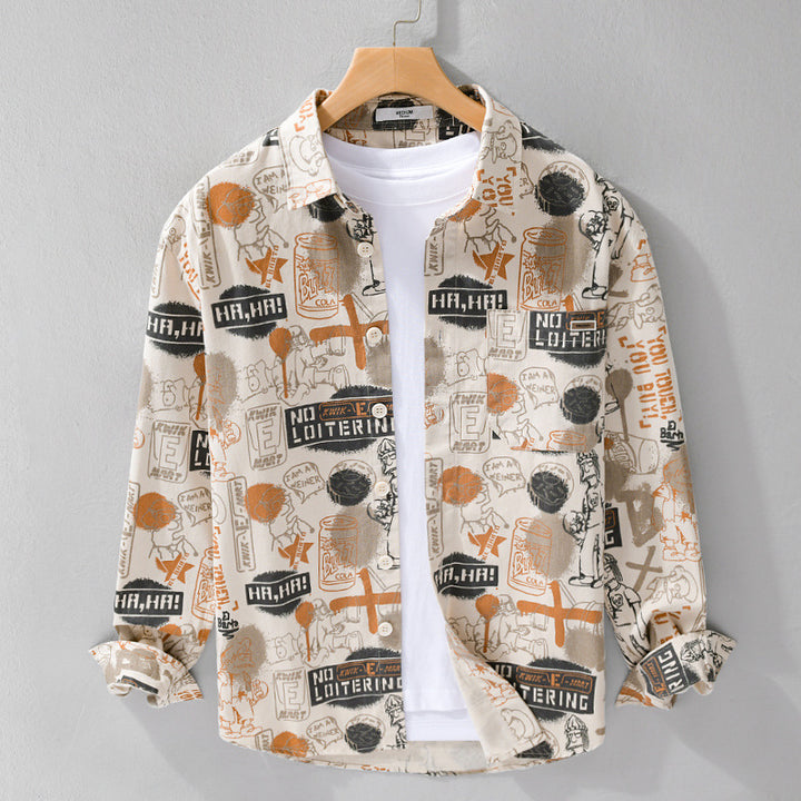 Men's Artistic Graphic Overshirt in Relaxed Layering with Allover Sketch Print and Soft-Touch Cotton Mix Mune Fashion
