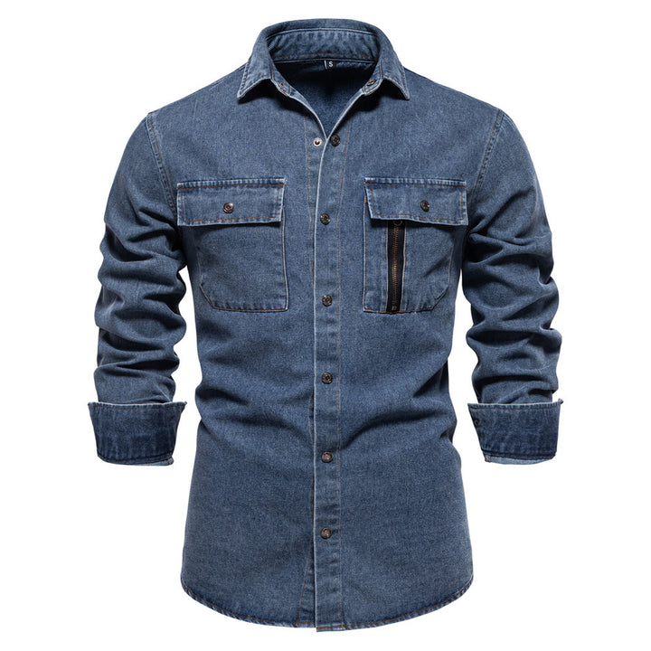 Men's tailored denim shirt with Kent collar, patch chest pockets and contrast stitching Mune Fashion