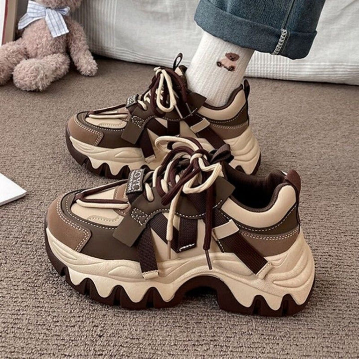 Women's Wave Platform Sneakers with Multi-Layer Upper Material and Decorative Straps Mune Fashion