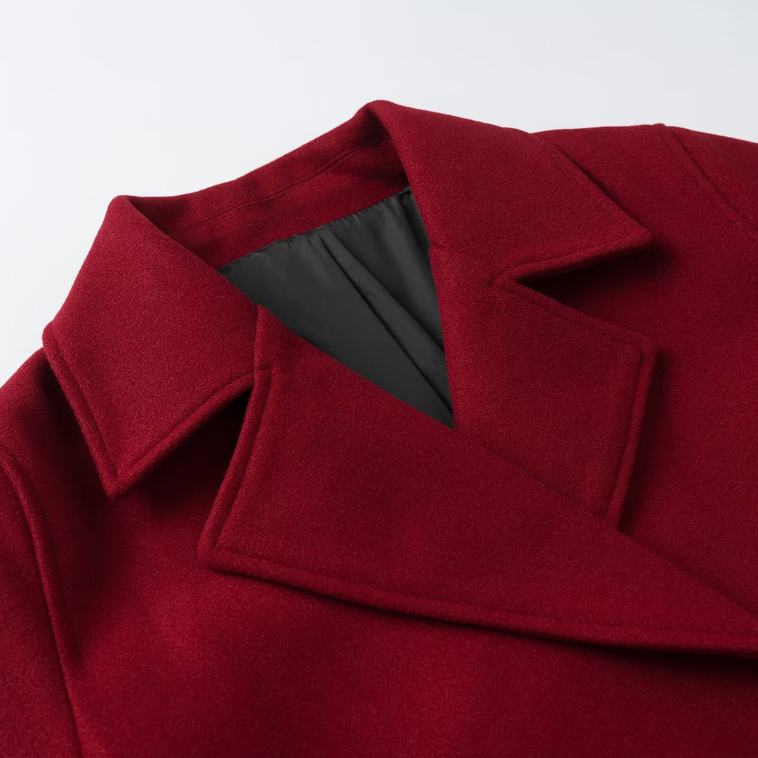 Women Short Double-Breasted Wool Mix Short Coat with Large Lapels, Roll-Up Cuffs and Flap Pockets Mune Fashion
