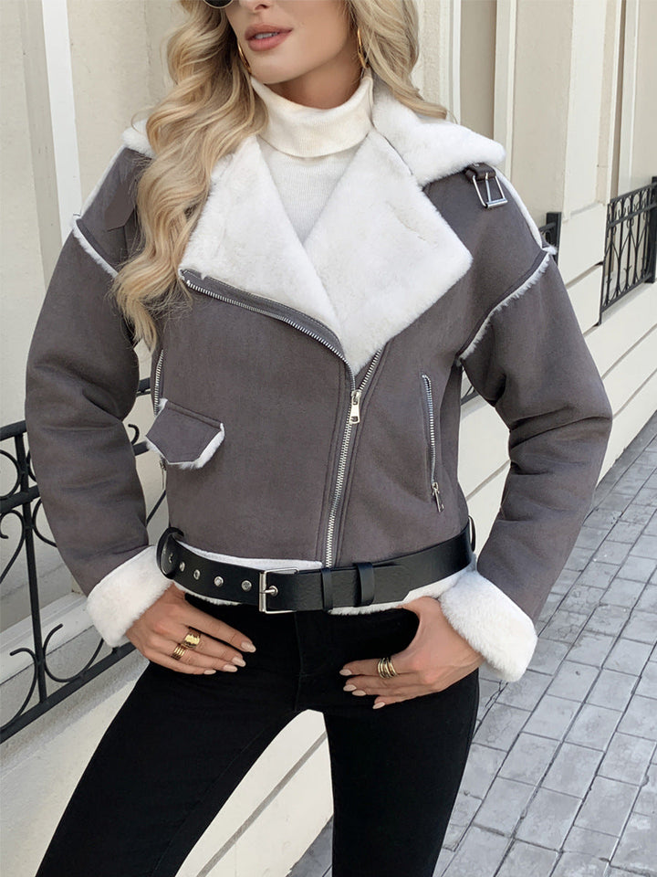 Women's Fashionable Jacket with Faux Fur Collar and Belt Mune