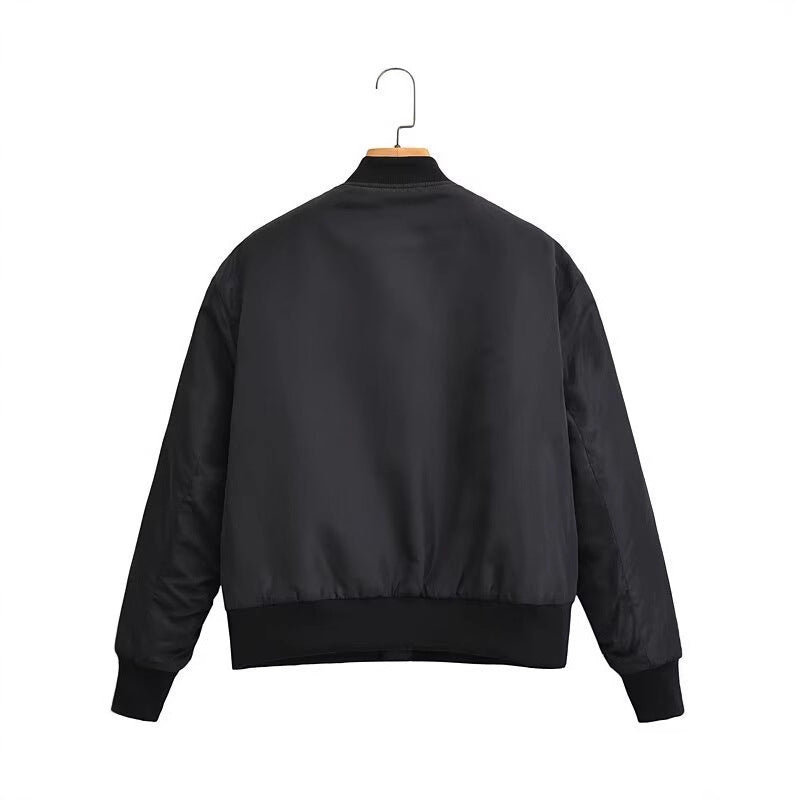 Women short cut nylon bomber jacket with shiny surface, padded lining and metal zipper Mune Fashion
