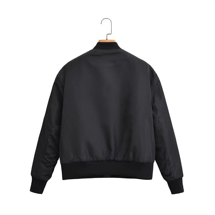 Women short cut nylon bomber jacket with shiny surface, padded lining and metal zipper Mune Fashion