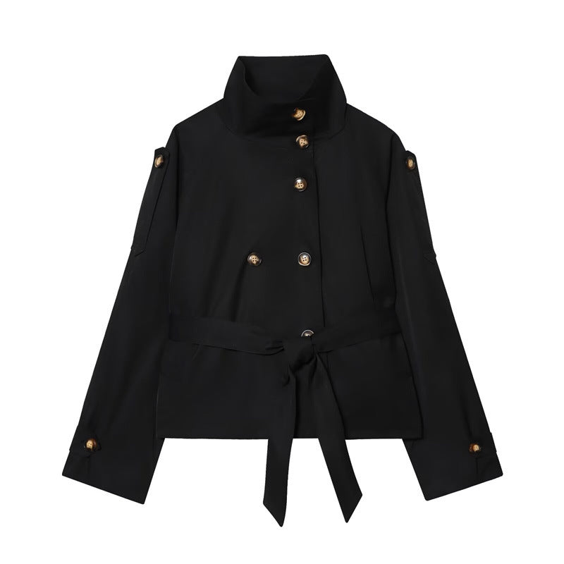 Ladies short jacket in navy-inspired double-breasted design with stand-up collar, decorative buttons, and tie belt Mune Fashion