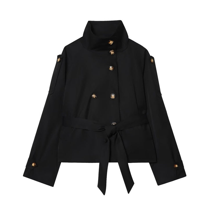 Ladies short jacket in navy-inspired double-breasted design with stand-up collar, decorative buttons, and tie belt Mune Fashion
