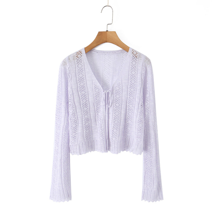 Women's Lightweight Crocheted Short Cardigan with V-Neck, Tie Band and Lace Pattern Mune Fashion